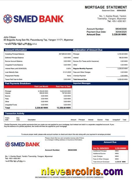Myanmar SME Development Bank mortgage statement Word and PDF template